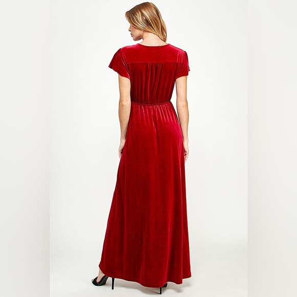 Velvet Maxi Dress Flutter Sleeve Formal V Neck Long Gown Red NWT - Picture 3 of 8